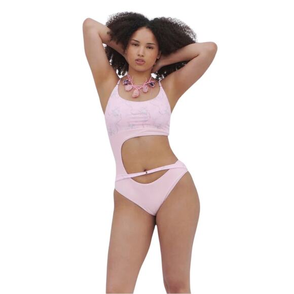 Frankie’s Bikini Thea Ribbed Cutout One Piece Swimsuit Size Large Pink Beach NWT - Picture 4 of 5